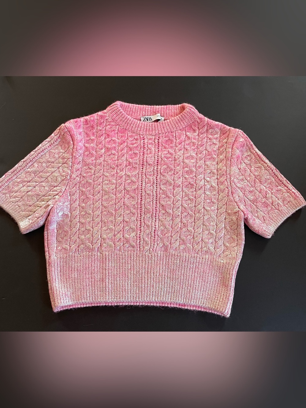 Zara Pink Metallic Short-Sleeve Cable-Knit Cropped Sweater Pullover Top size S